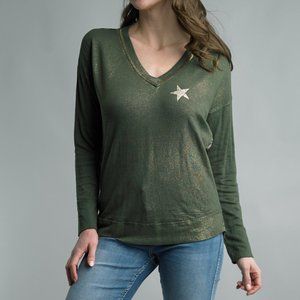 NWT Tempo Paris Olive Sparkly Star Top With Leopard Print Back